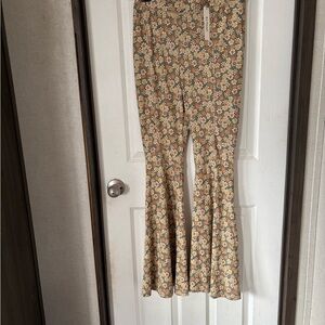 Three Bird Nest Floral Wide Leg Jumpsuit Pants in Olive & Cream